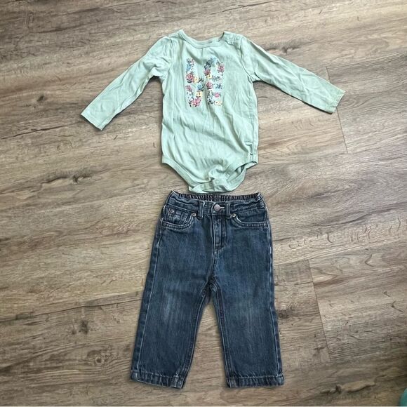 Garanimals Green Long Sleeve Bodysuit and Cherokee Blue Denim Jeans Size 18M - Picture 1 of 7